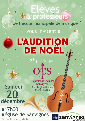 audition de nnoel de l'école de musique à l'église le samedi 20 décembre à 17h