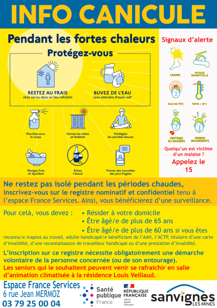 affiche, prévention de la canicule, conseil et inscription sur le registre auprès de l'espace france services