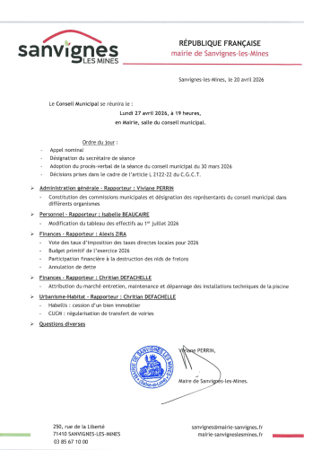 Ordre du jour du prochain conseil municipal qui aura lieu le 27 avril 2026