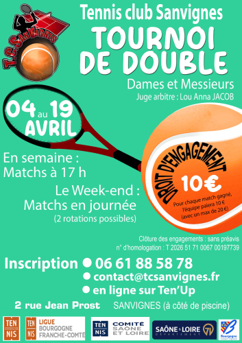 Tournoi de double du 4 au 19 avril 2026 