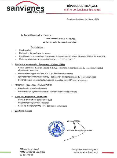 Ordre du jour du conseil municipal du 30 mars 2026