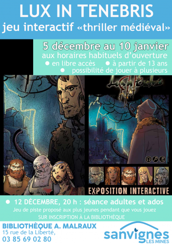 affiche jeu interactif à la bibliothèque du 5 décembre au 10 janvier 2026 à partir de 13 ans thriller médiéval